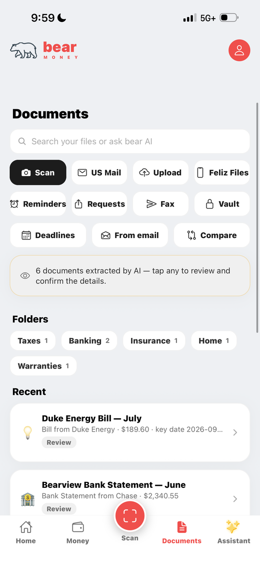 bear money documents — scan, mail, fax, vault
